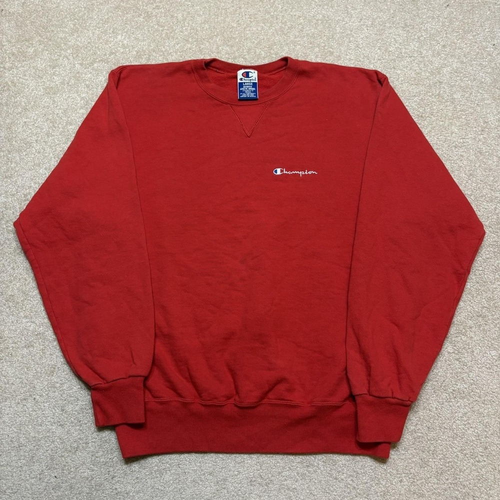 Vtg Champion Sweatshirt Mens Large Red Crewneck Fleece Embroidered Spellout 90s